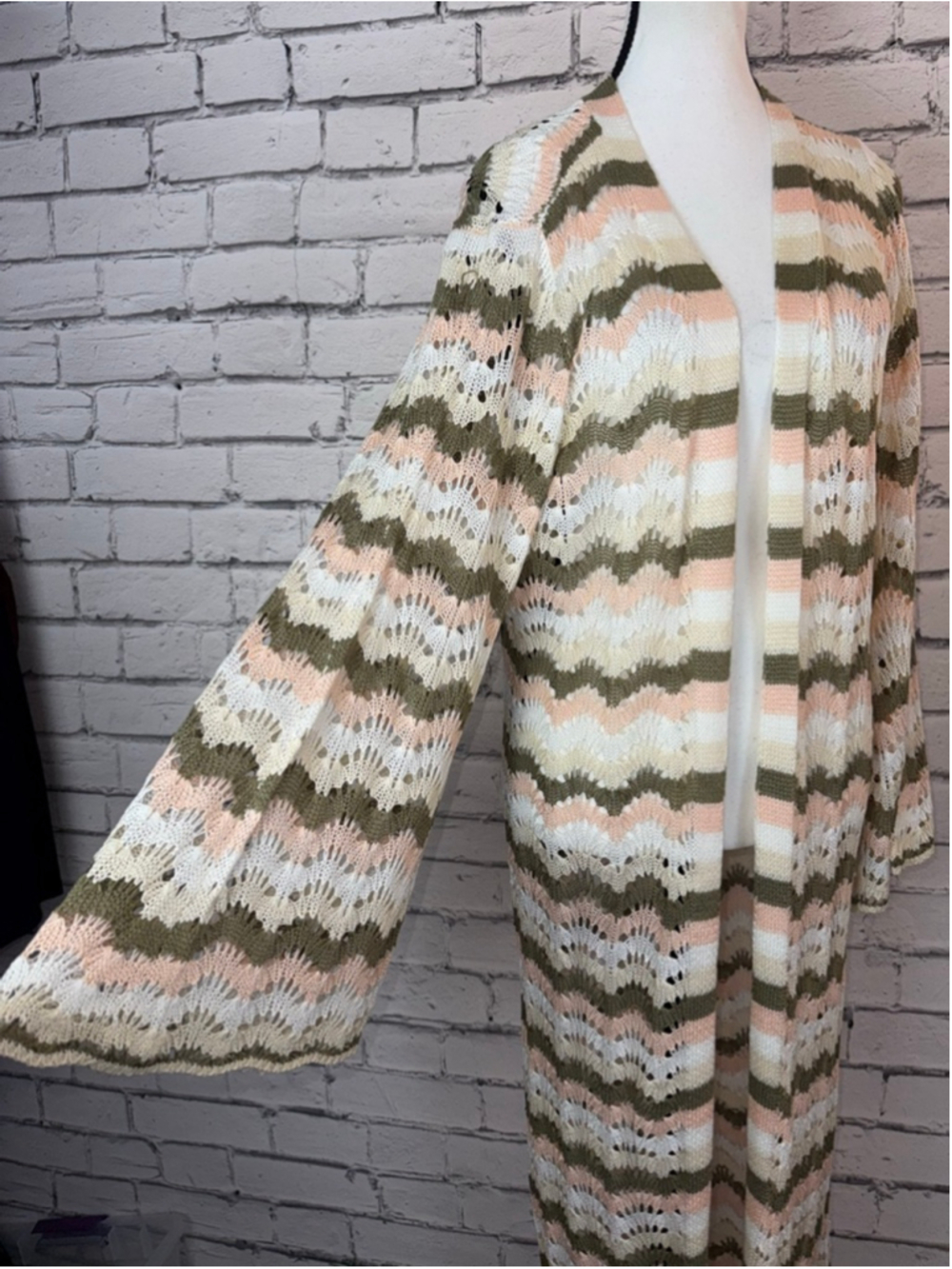 Women's VENUS Duster Knit Sweater Beach Crochet Pink Green Striped Size Large - Picture 6 of 12